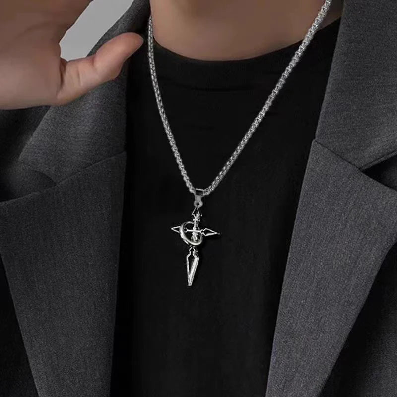 New Metal Black Cross With Circle Pendant Necklace Men And Women Fashion Gothic Punk Trend Hip Hop Accessories Jewelry Gift
