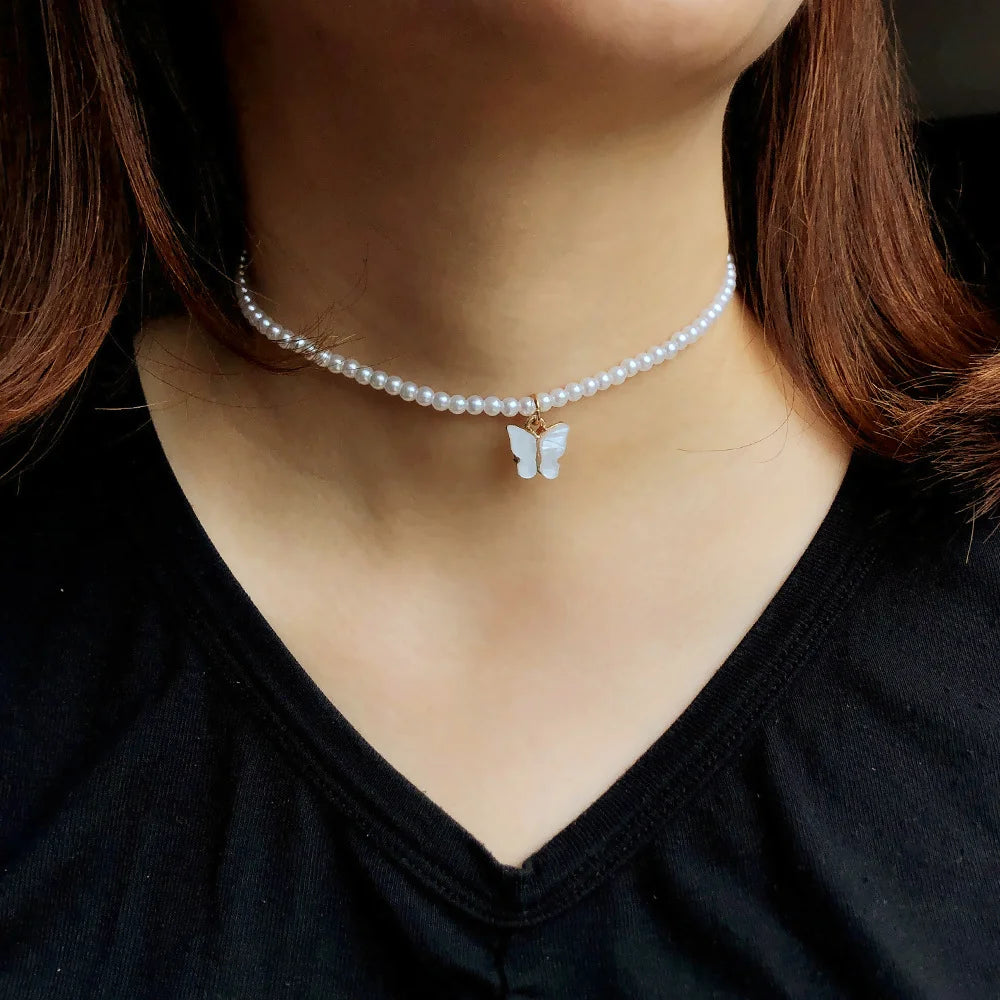 Elegant White Pearl Necklace - Delicate Round Wedding Pearls with Butterfly Pendant, Timeless Bridal Jewelry for Women