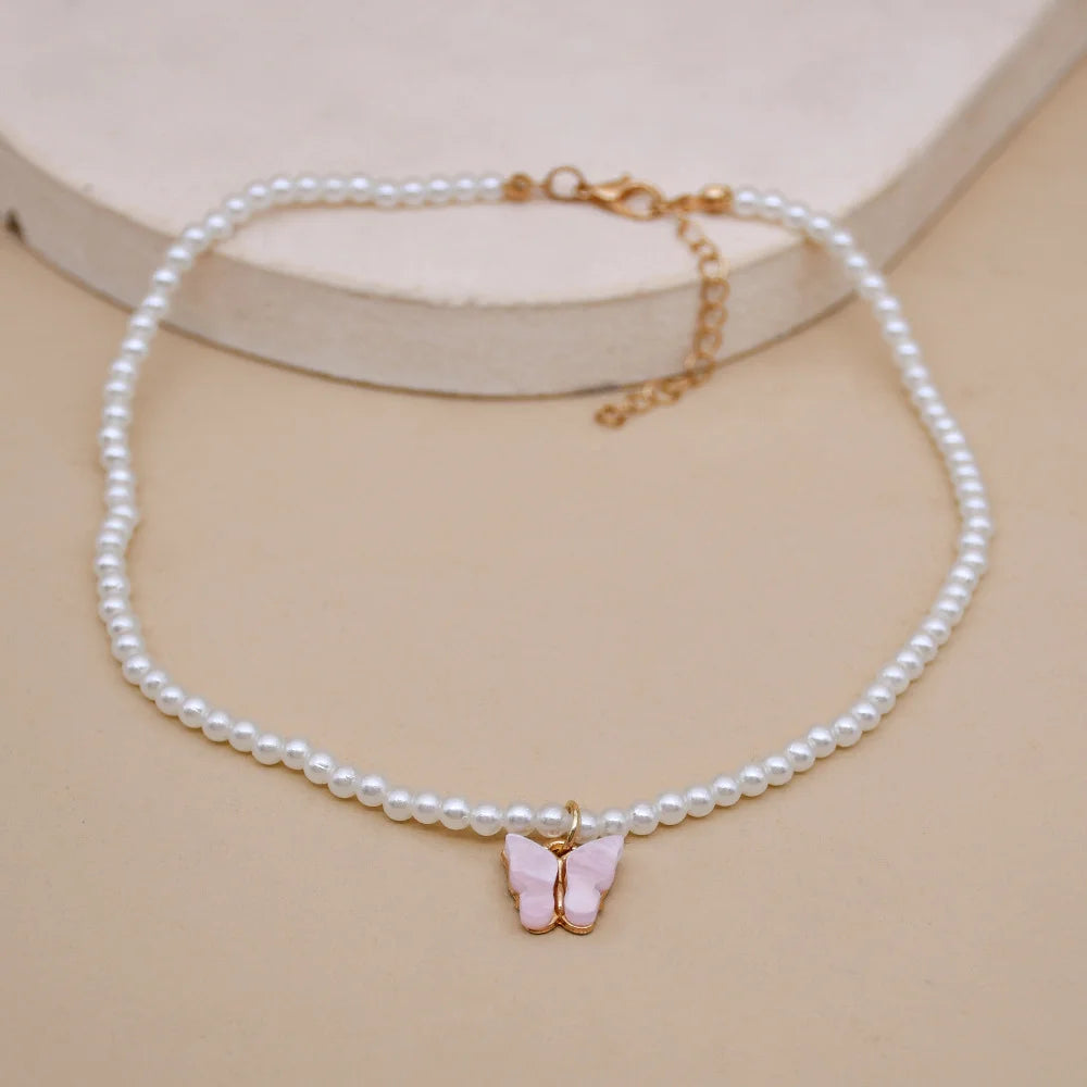 Elegant White Pearl Necklace - Delicate Round Wedding Pearls with Butterfly Pendant, Timeless Bridal Jewelry for Women