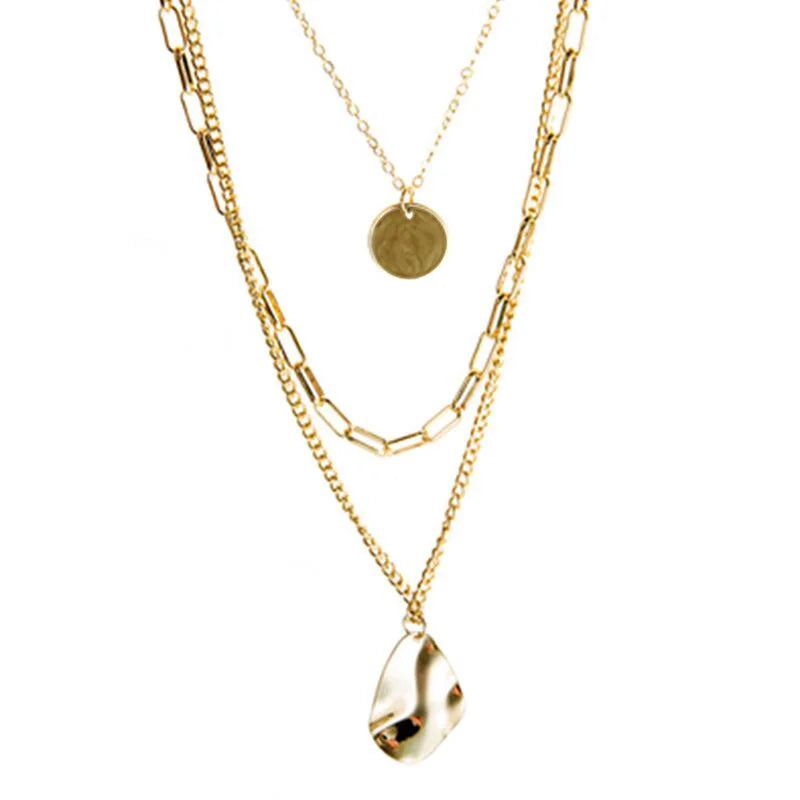 Unisex Layered Choker Necklace with Triangle Pendant - Multi-chain Collarbone Necklace for Men & Women