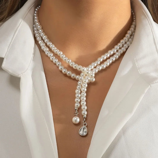 Ladies Pearl Gem Water Drop Pendant Fashion Beaded Necklace