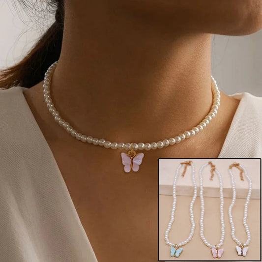 Elegant White Pearl Necklace - Delicate Round Wedding Pearls with Butterfly Pendant, Timeless Bridal Jewelry for Women